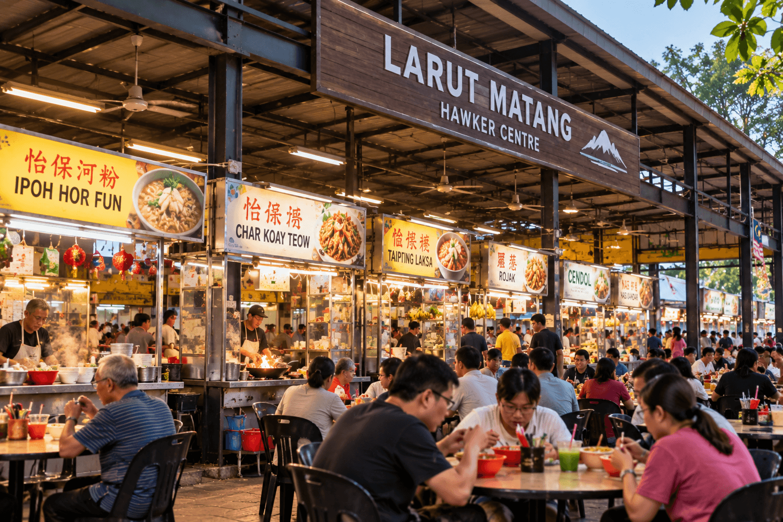 Diners enjoying local dishes at Larut Matang Hawker Centre in Taiping