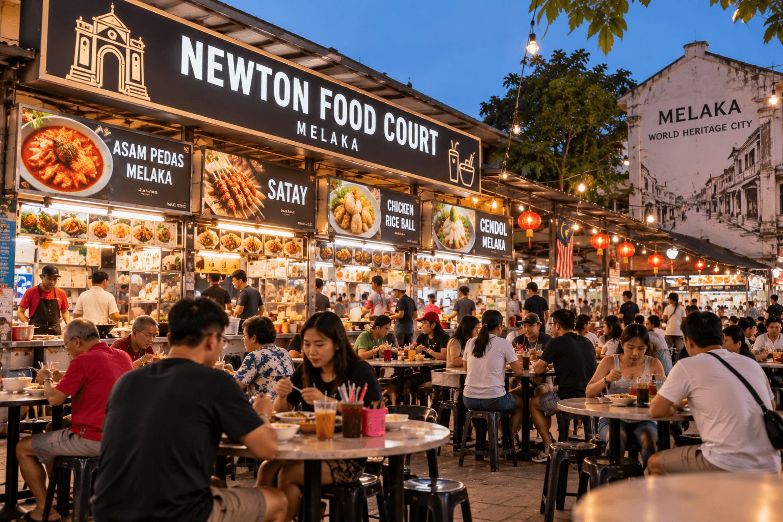 Busy Newton Food Court in Melaka with local food stalls and diners