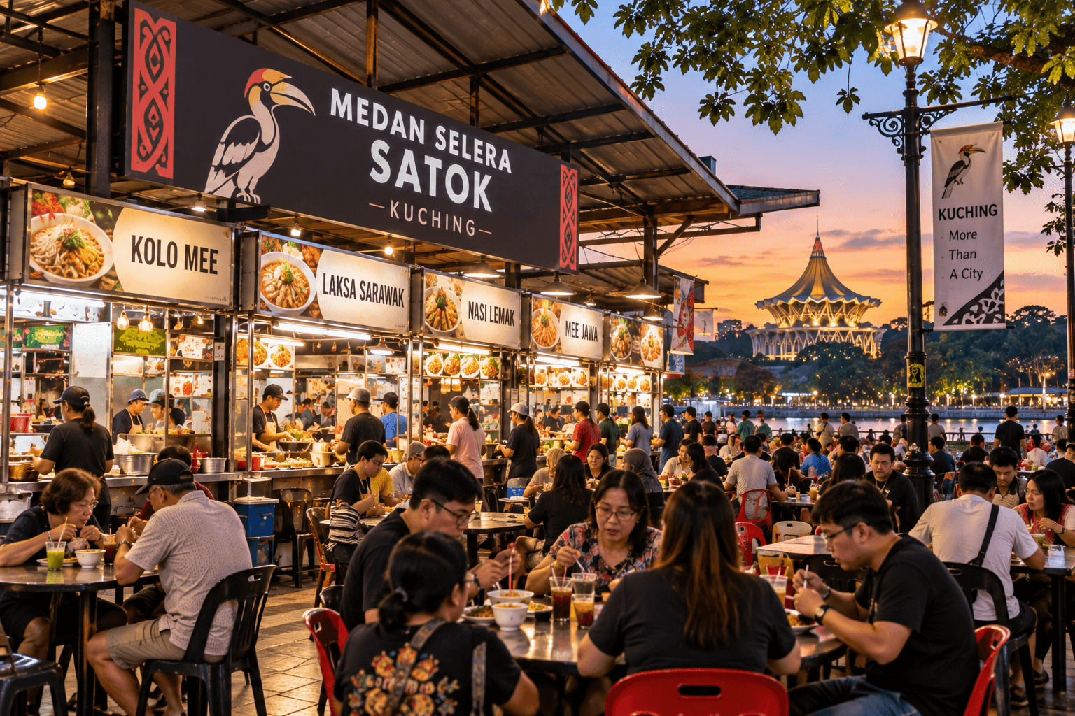 Diners enjoying Sarawak dishes at a lively hawker centre in Kuching