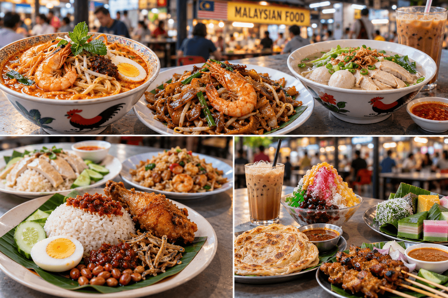 Popular Malaysian hawker food including noodles, rice dishes, desserts and drinks