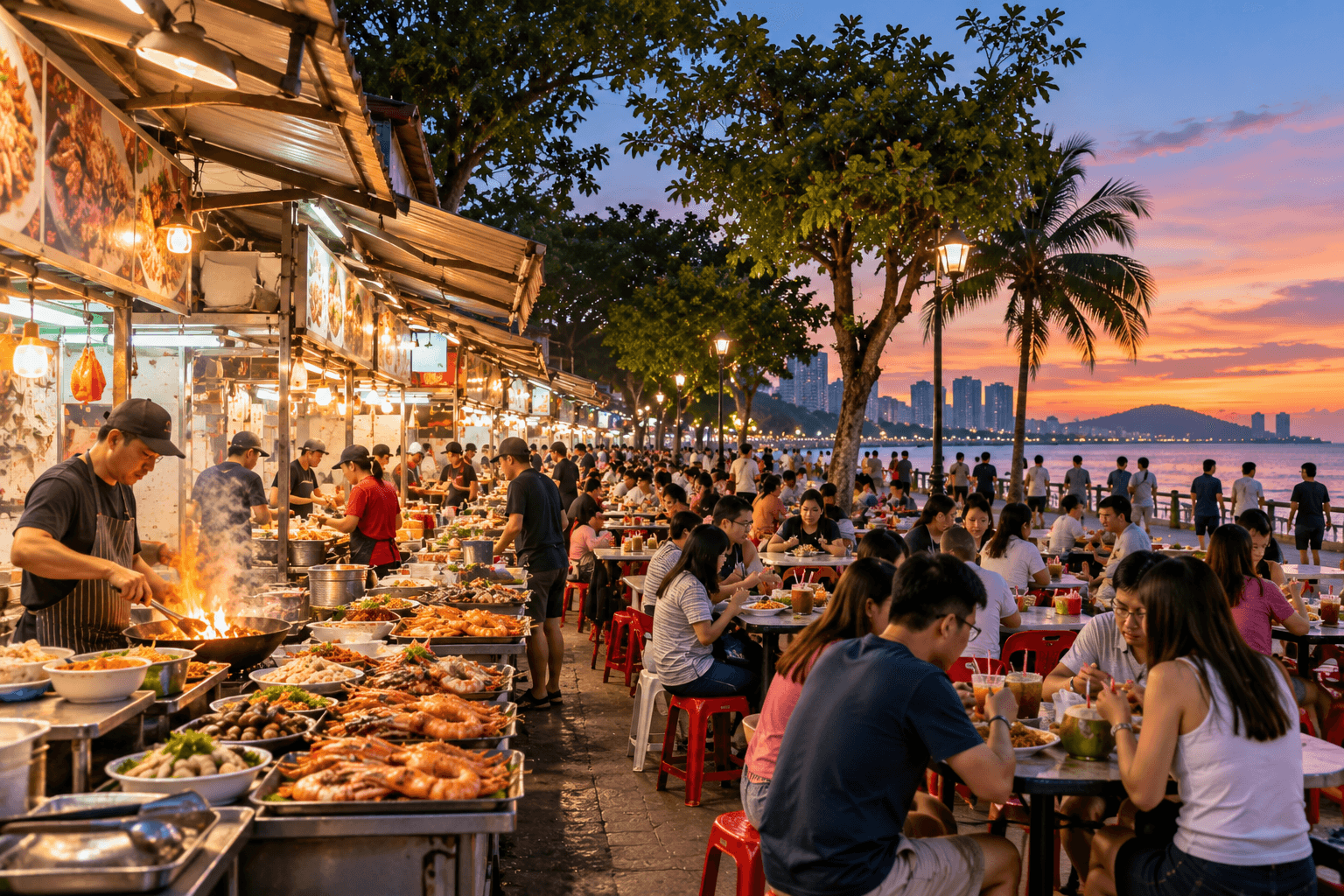 Gurney Drive Hawker Centre in Penang with food stalls and diners by the waterfront