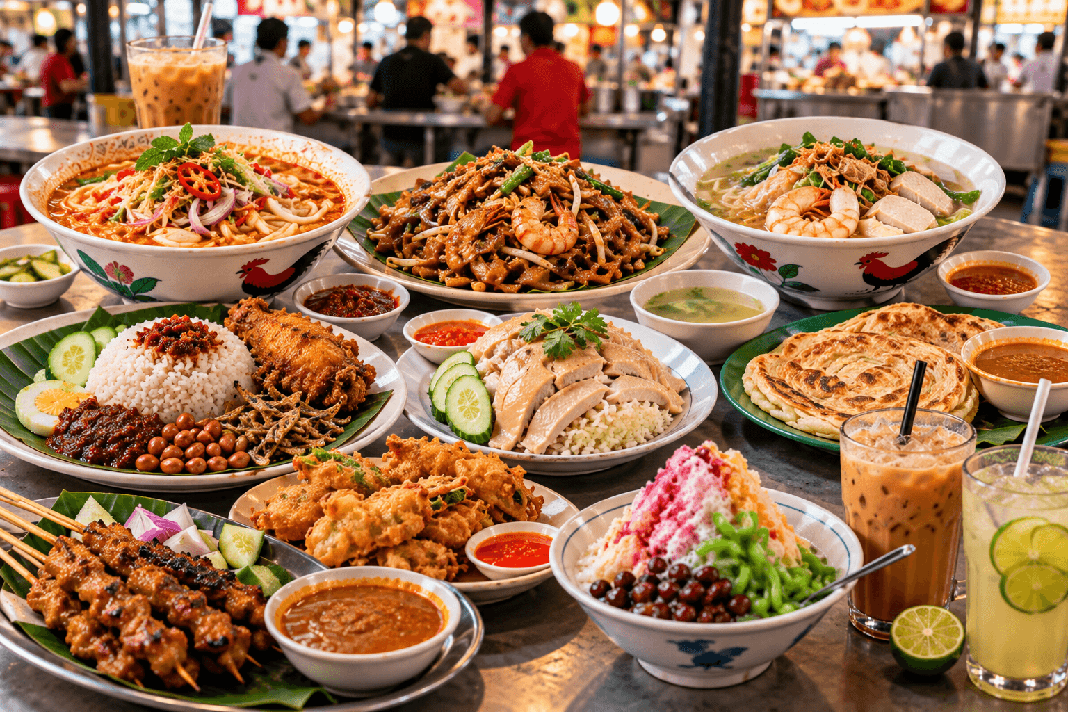 Penang hawker food including noodles, rice dishes, savoury snacks, desserts and drinks