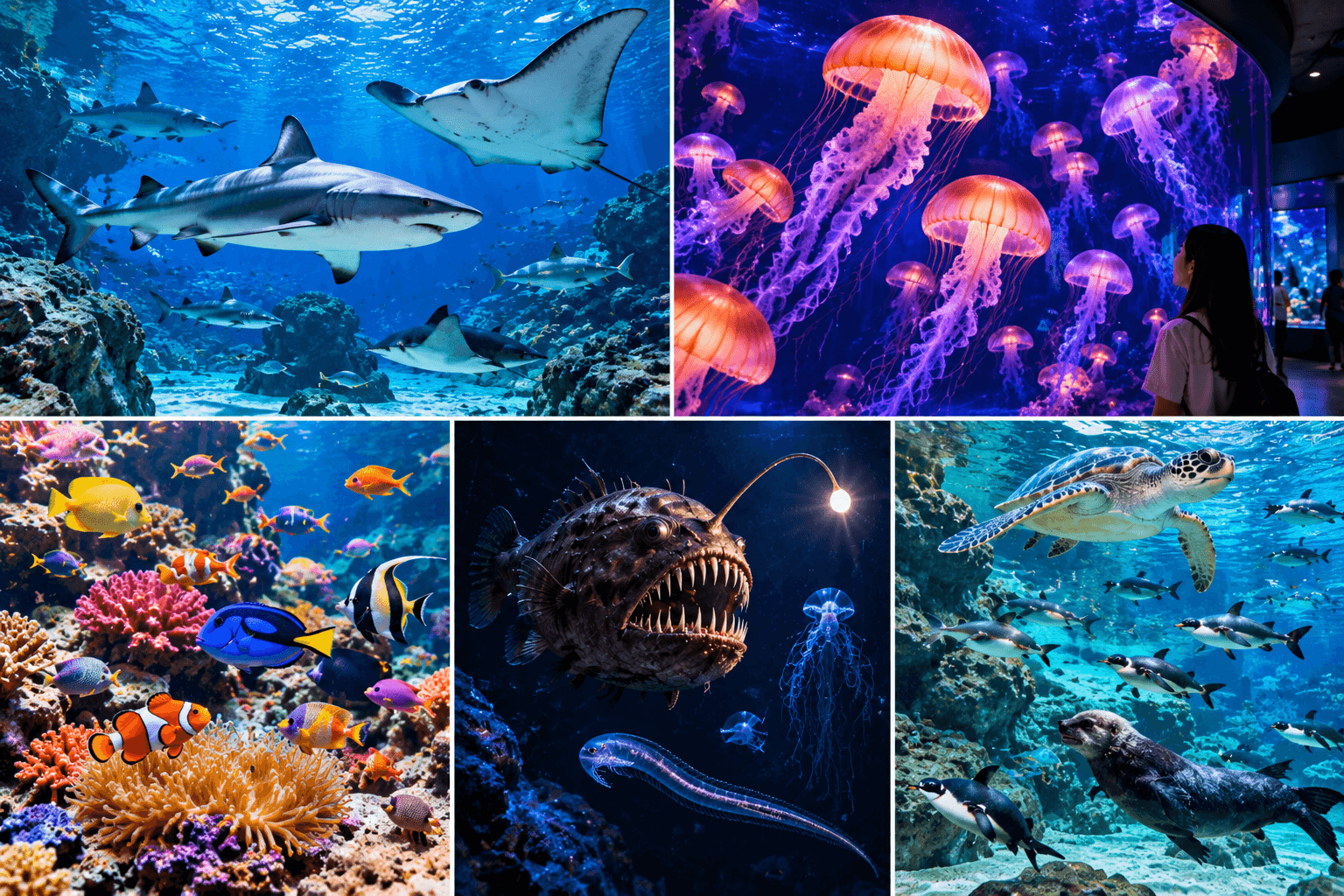 Marine animals at Singapore Oceanarium including sharks, rays, jellyfish, tropical fish and deep-sea species