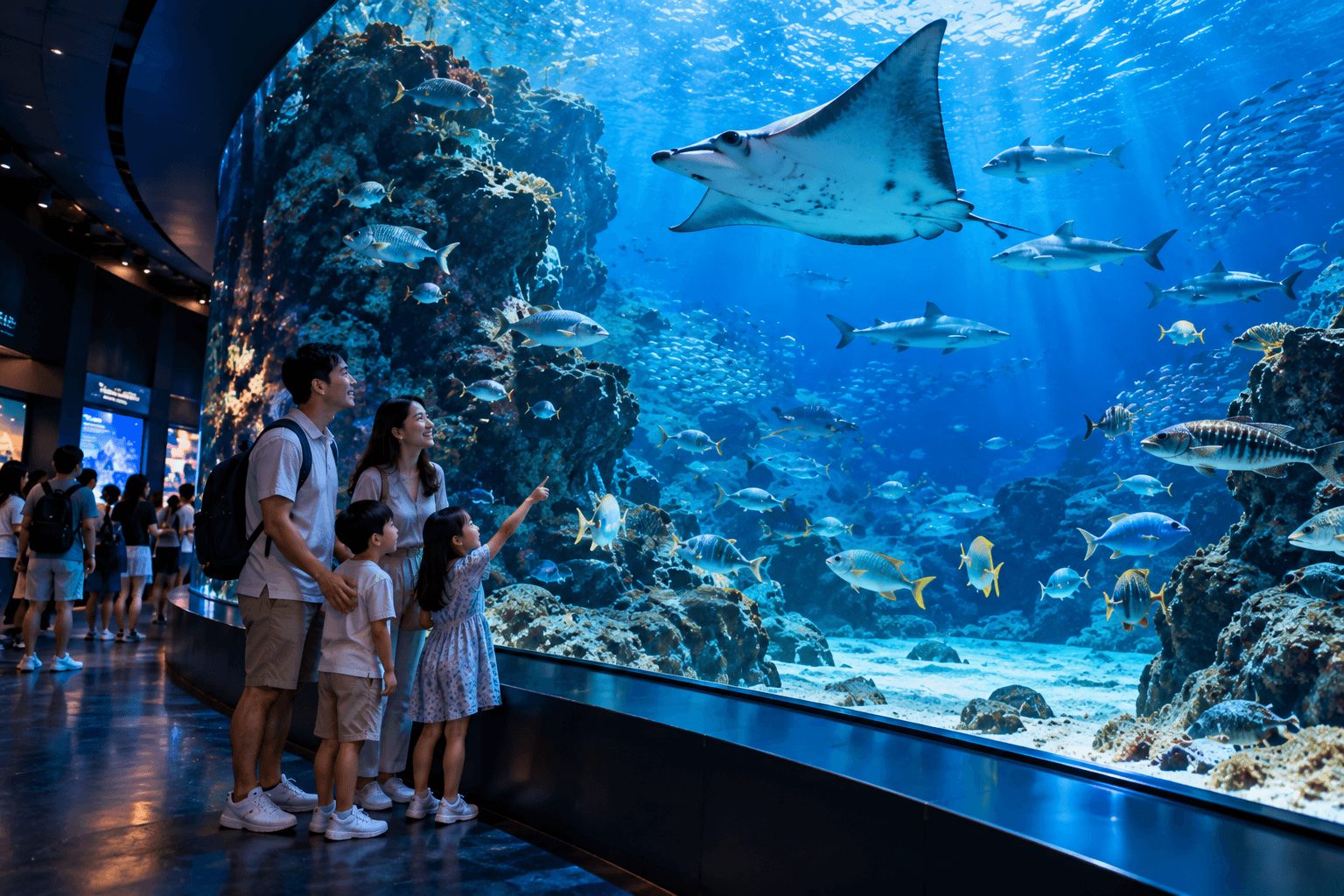 Family watching sharks, rays and tropical fish inside Singapore Oceanarium