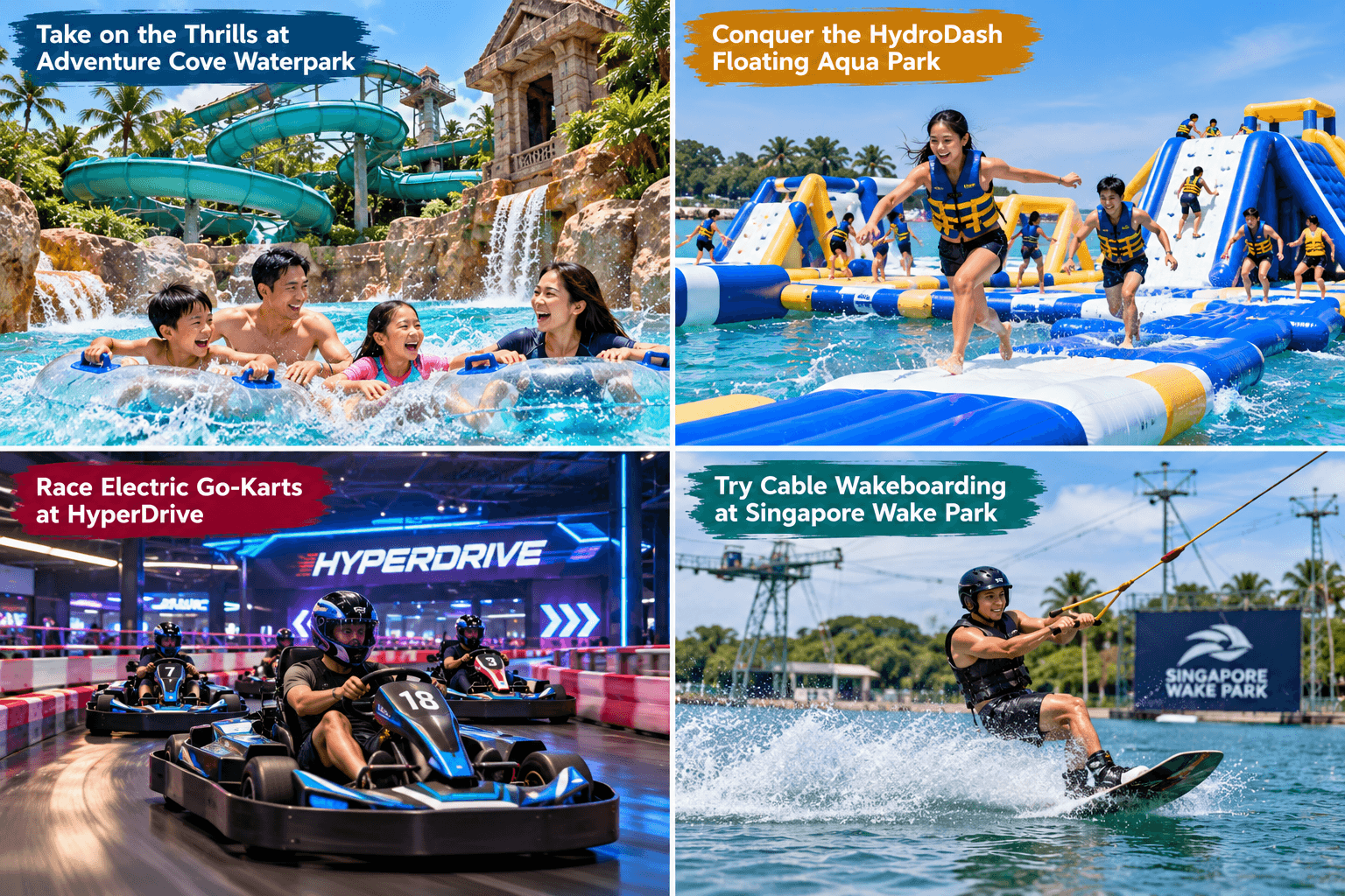 Visitors enjoying Adventure Cove Waterpark, HydroDash, electric go-kart racing and cable wakeboarding in Singapore