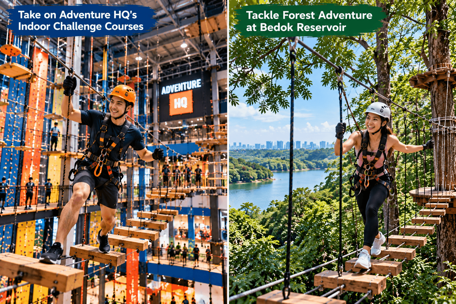 Man tackling an indoor ropes course at Adventure HQ and woman crossing a forest adventure course at Bedok Reservoir