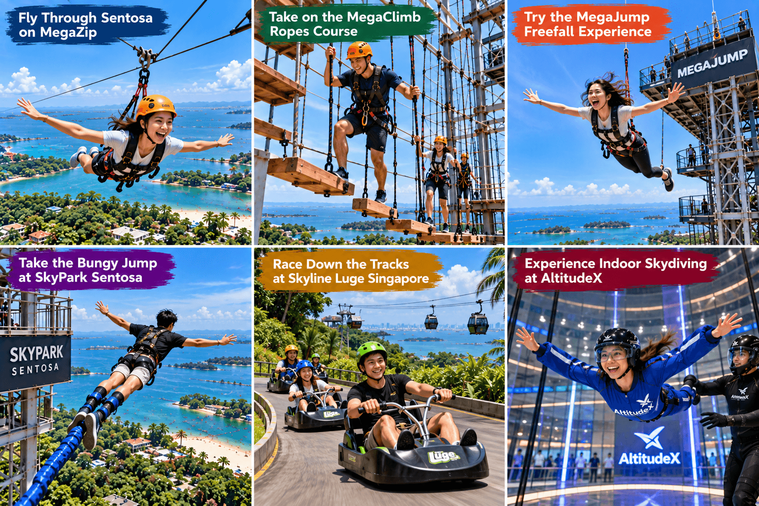 High-adrenaline Singapore adventures including MegaZip, MegaClimb, MegaJump, SkyPark bungy jumping, Skyline Luge and indoor skydiving