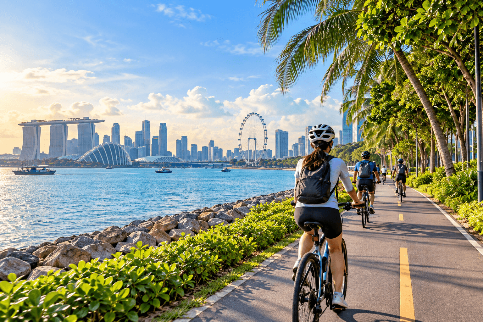 Cyclists riding along Singapore’s eastern coastal route beside the waterfront and city skyline