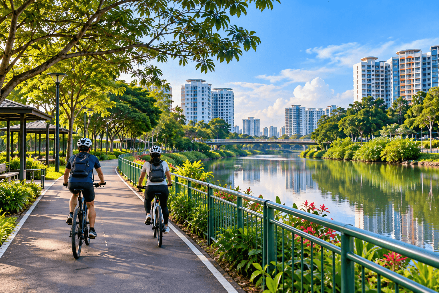 Two cyclists riding along a riverside park connector on Singapore’s North Eastern Riverine Loop