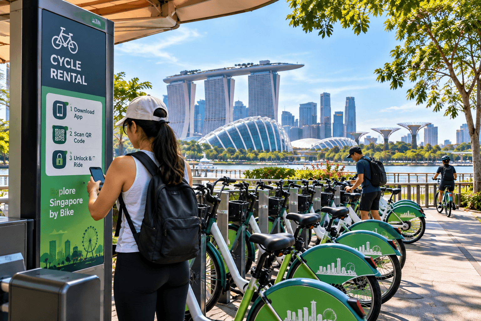 Cyclist using a bicycle rental station near Singapore’s waterfront with rental bikes and city landmarks