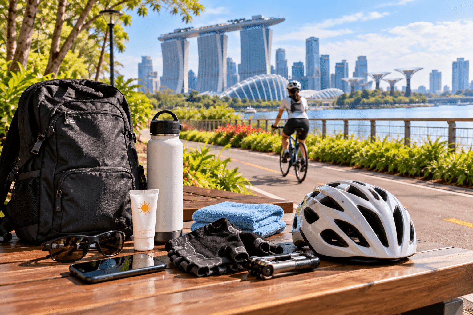 Cycling essentials including a helmet, backpack, water bottle, sunscreen and sunglasses beside a Singapore cycling path