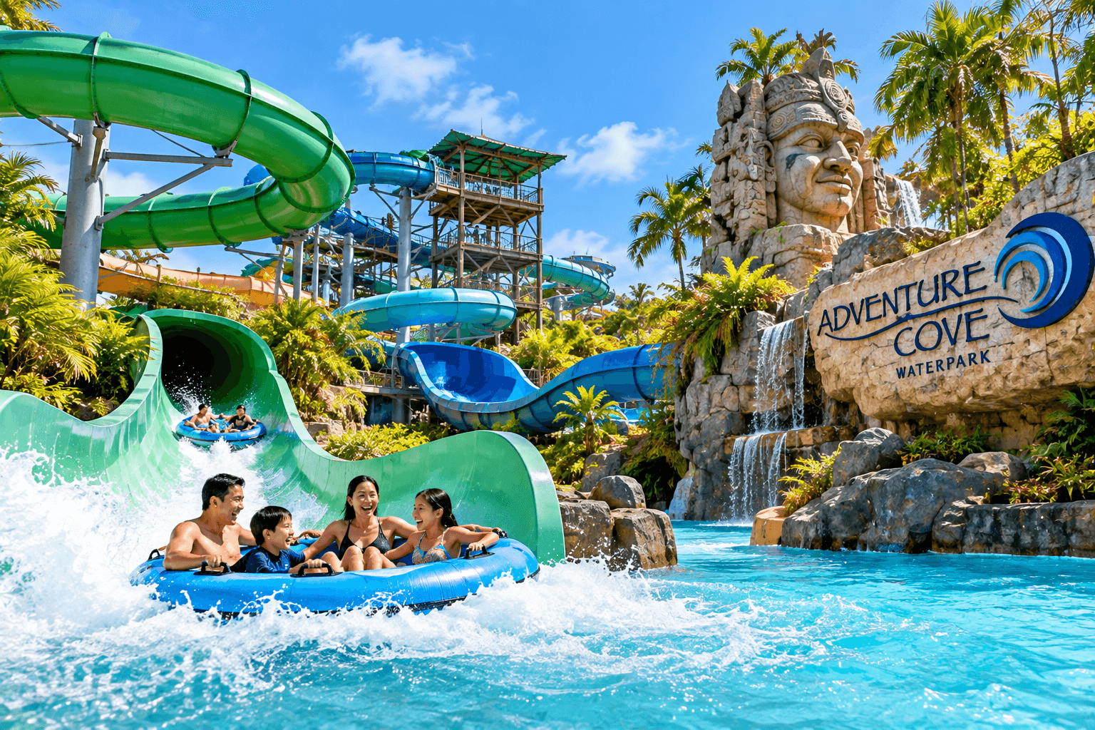 Visitors enjoying thrilling water slides and attractions at Adventure Cove Waterpark Singapore
