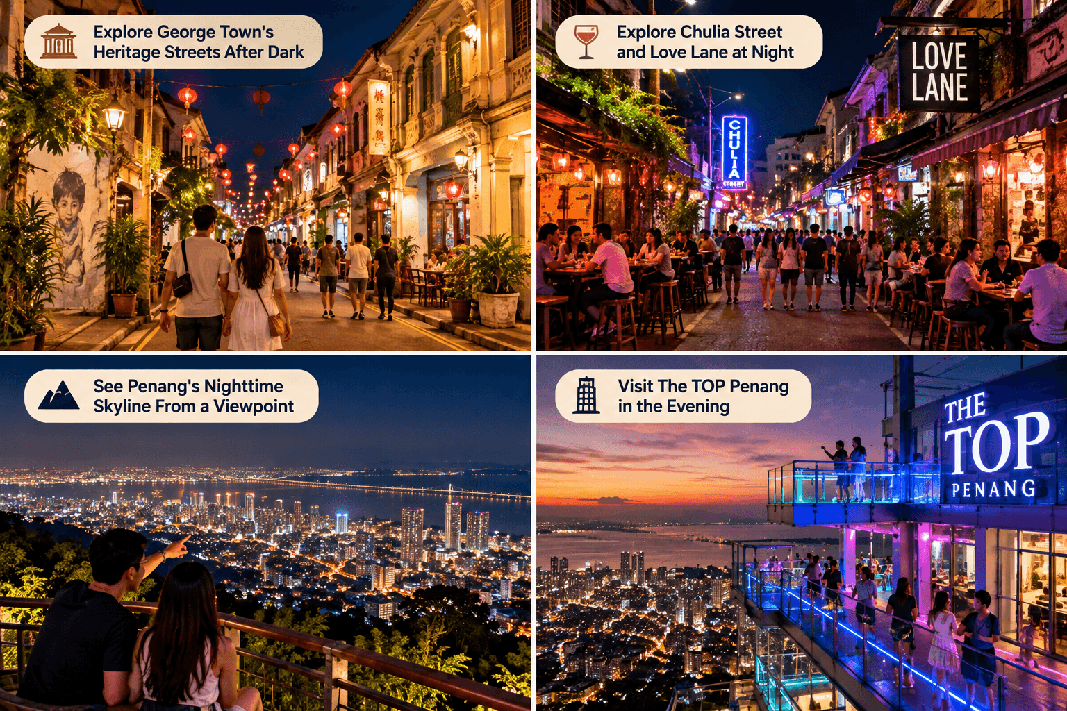 Penang nightlife featuring George Town heritage streets, Chulia Street, a city viewpoint and The TOP Penang at night