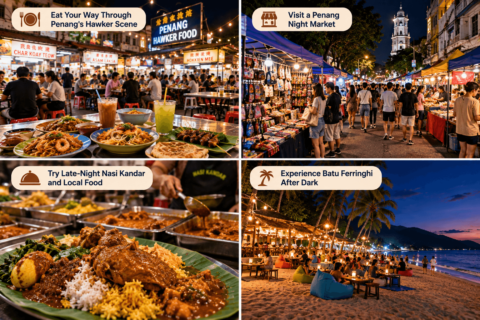 Penang nightlife and food experiences including hawker food, night markets, nasi kandar and Batu Ferringhi after dark