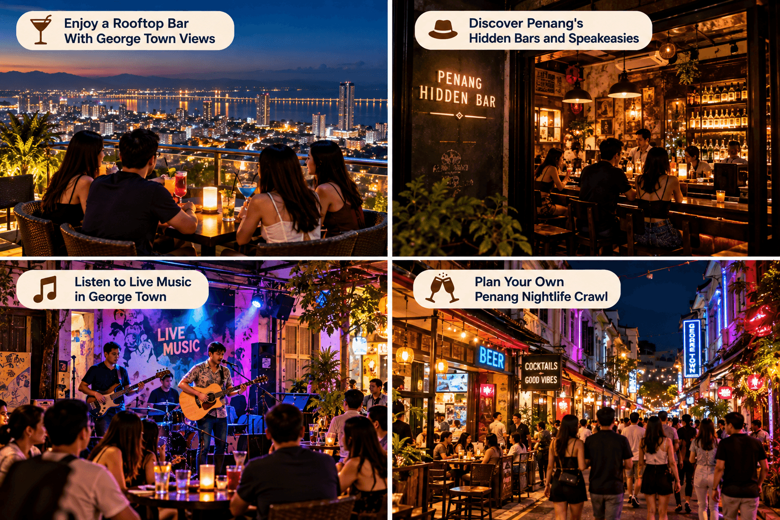 Penang nightlife experiences including rooftop bars, hidden bars, live music and a George Town nightlife crawl