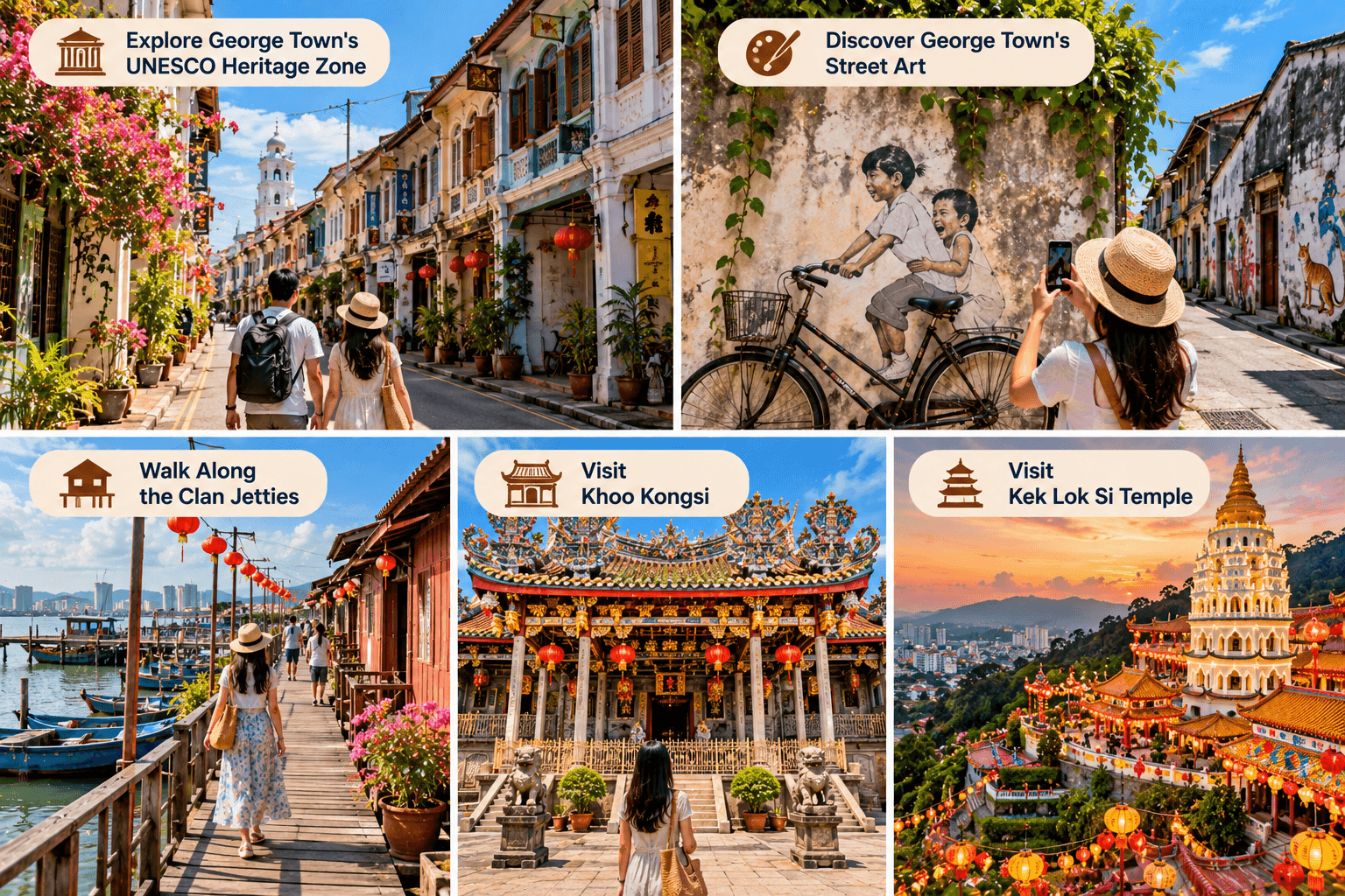 Cultural and historical attractions in Penang including George Town heritage streets, street art, Clan Jetties, Khoo Kongsi and Kek Lok Si Temple