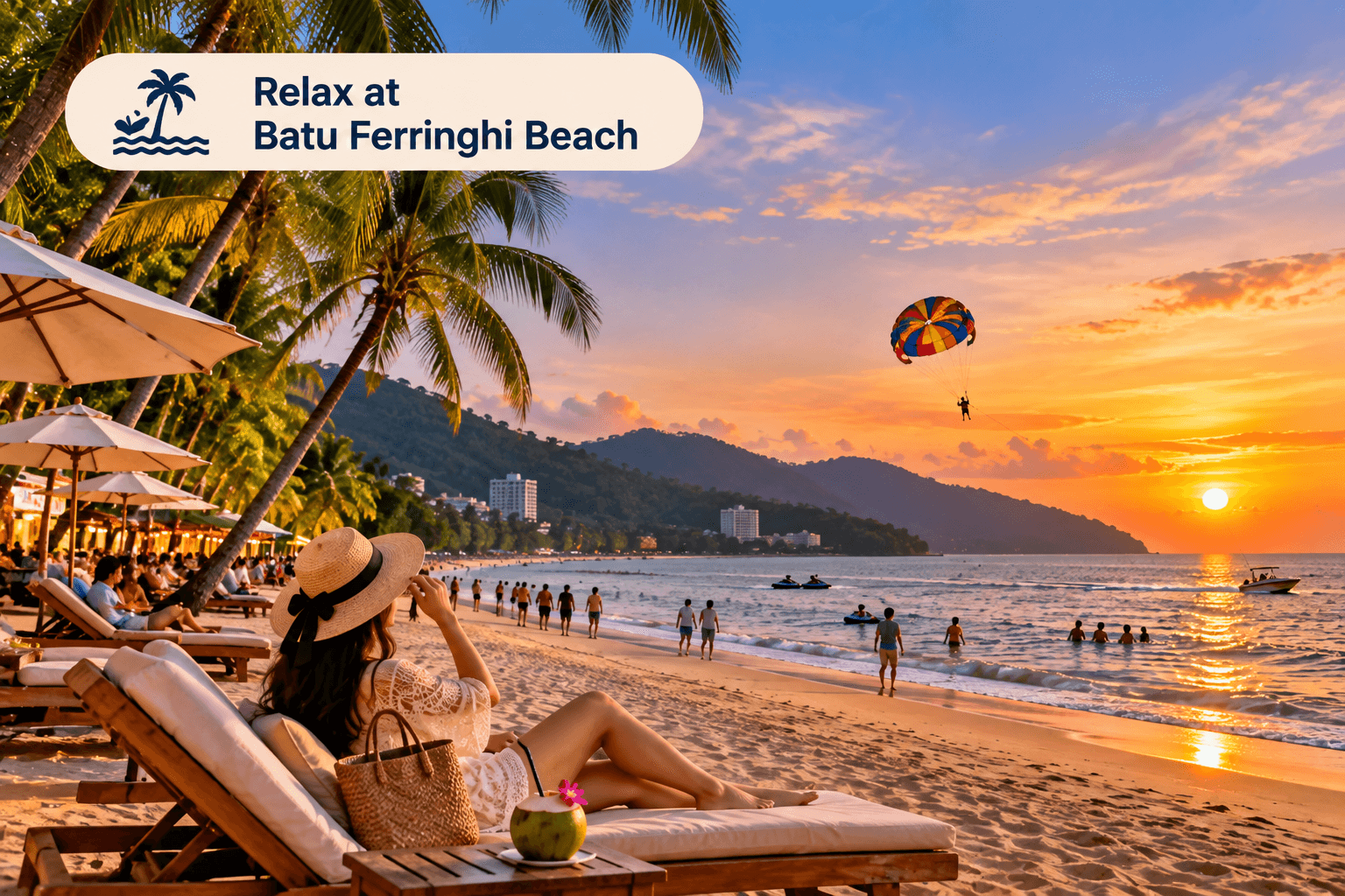 Visitors relaxing at Batu Ferringhi Beach with palm trees, ocean views and water activities