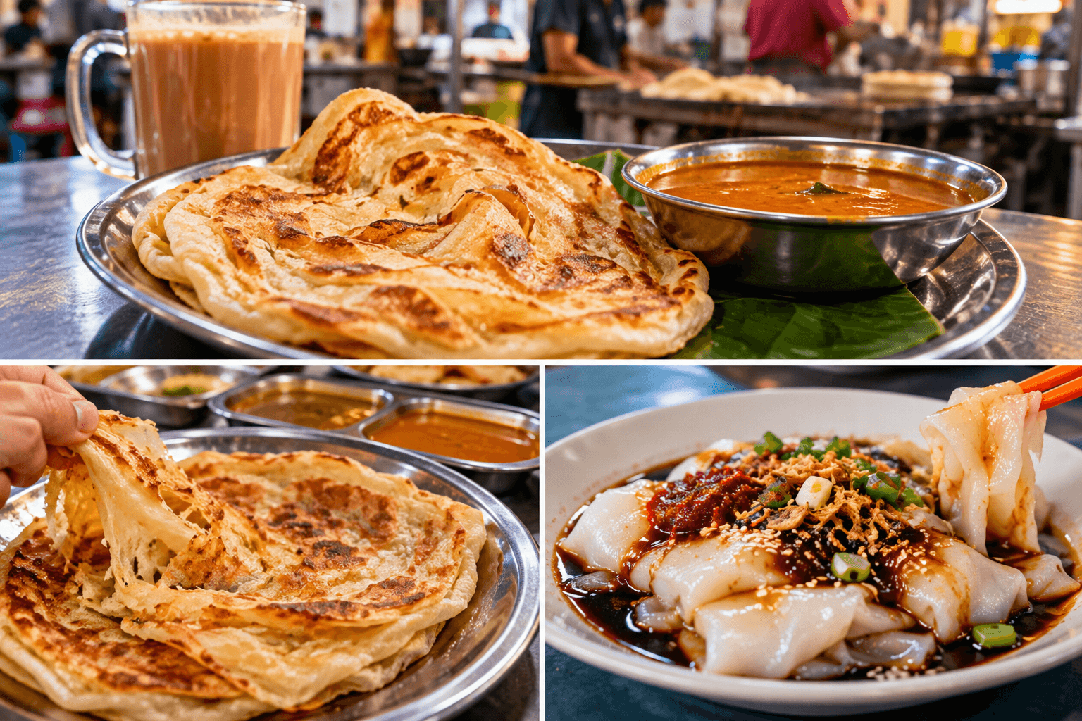 Penang breakfast street food featuring roti canai and chee cheong fun at a local hawker stall