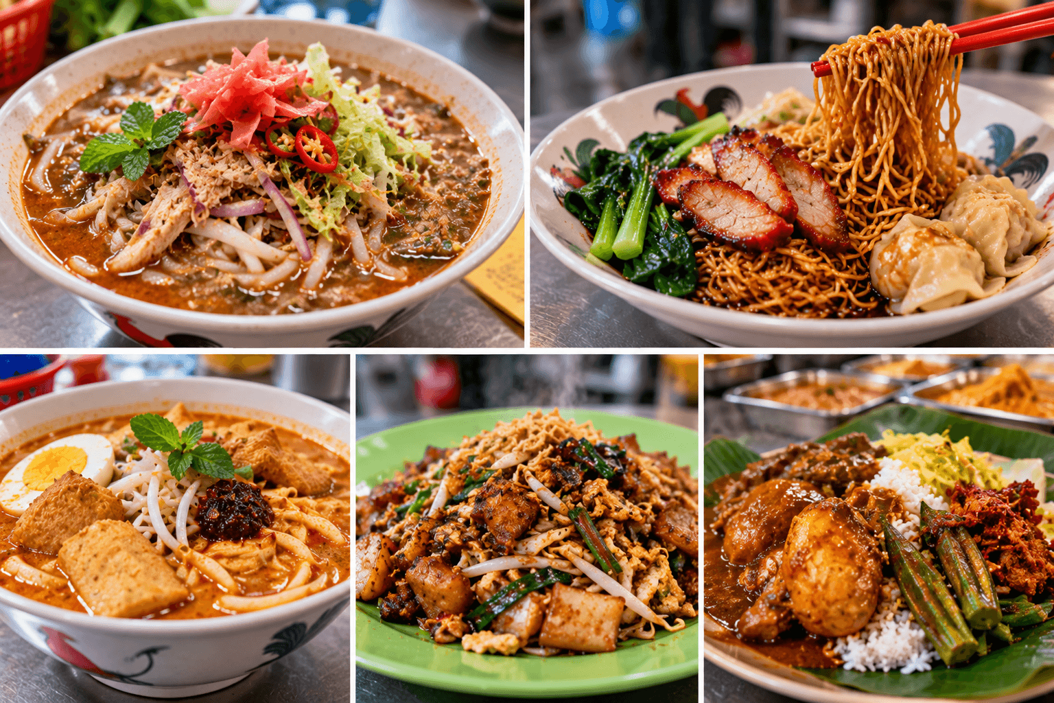 Penang street food featuring Assam laksa, wanton mee, curry mee, char koay kak and simple nasi kandar