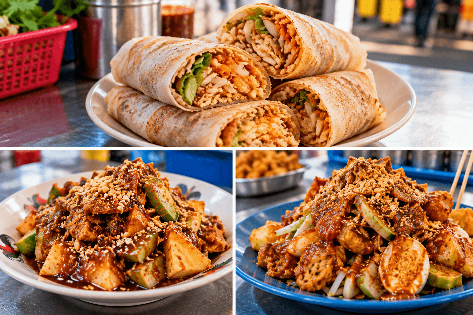 Penang street food snacks including popiah, rojak and pasembur served at local hawker stalls