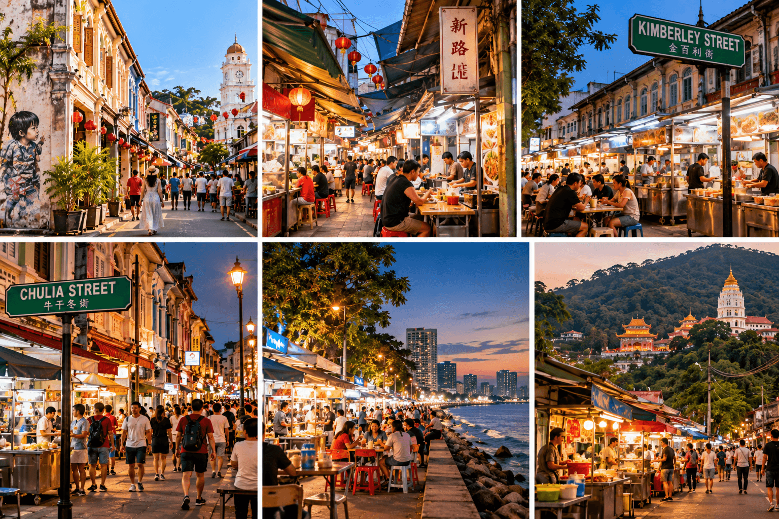 Popular places to find affordable Penang street food including George Town, New Lane, Kimberley Street, Chulia Street, Gurney Drive and Air Itam