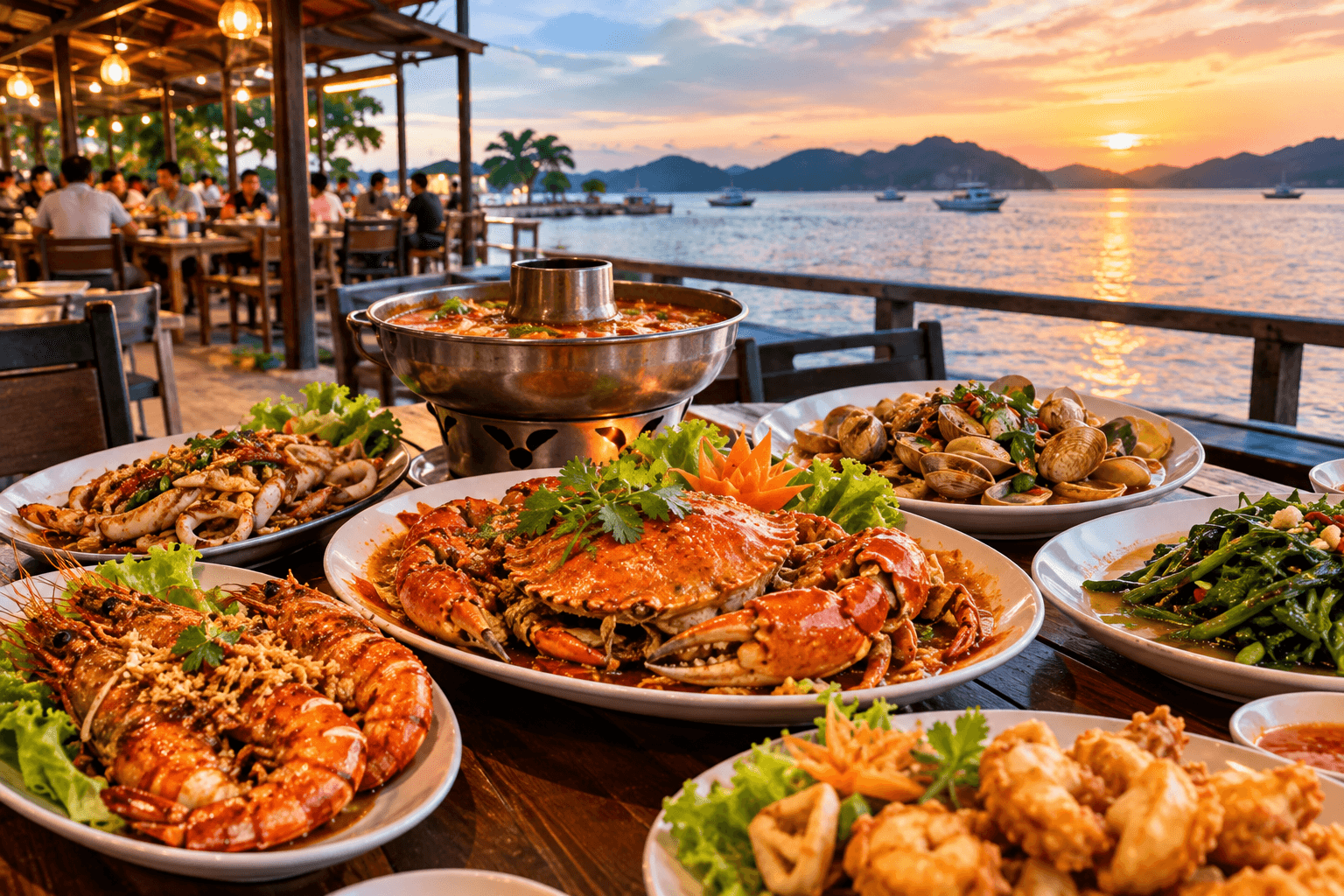 Seafood spread with crab, prawns, squid and clams at a waterfront restaurant in Langkawi