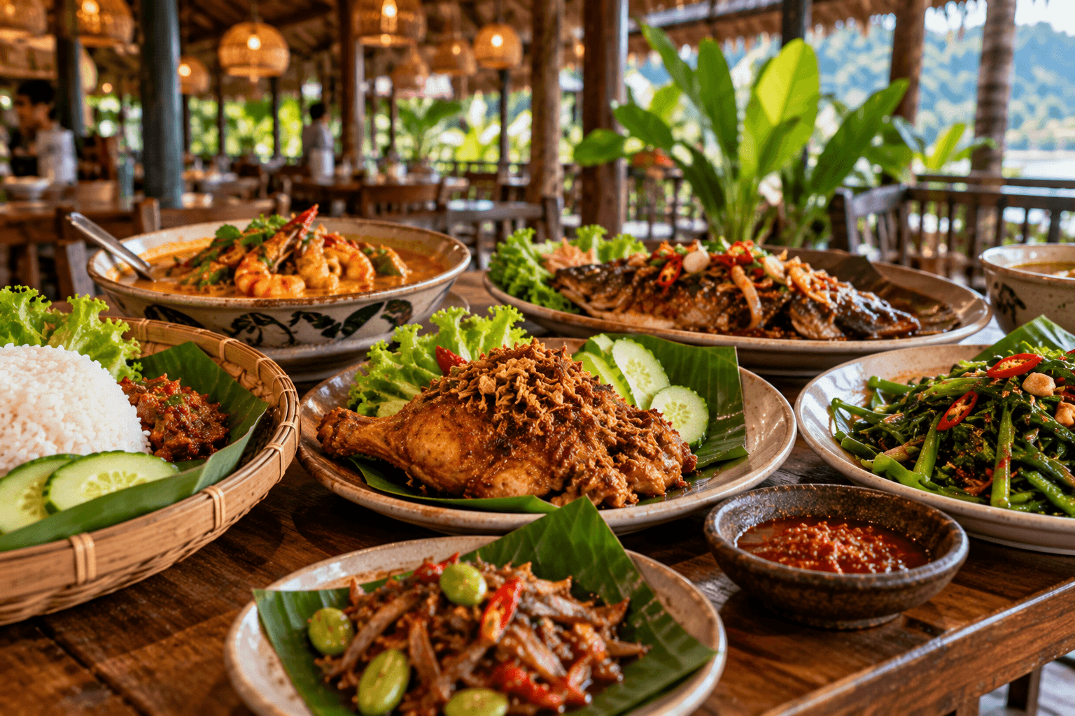Traditional Malaysian dishes including sambal, fried chicken, seafood curry, rice and vegetables at a Langkawi restaurant