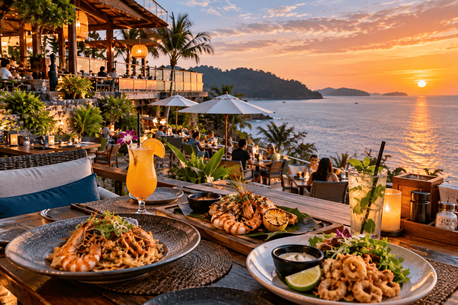 Seaside dining at The Cliff Langkawi with seafood dishes, tropical drinks and sunset views over the Andaman Sea