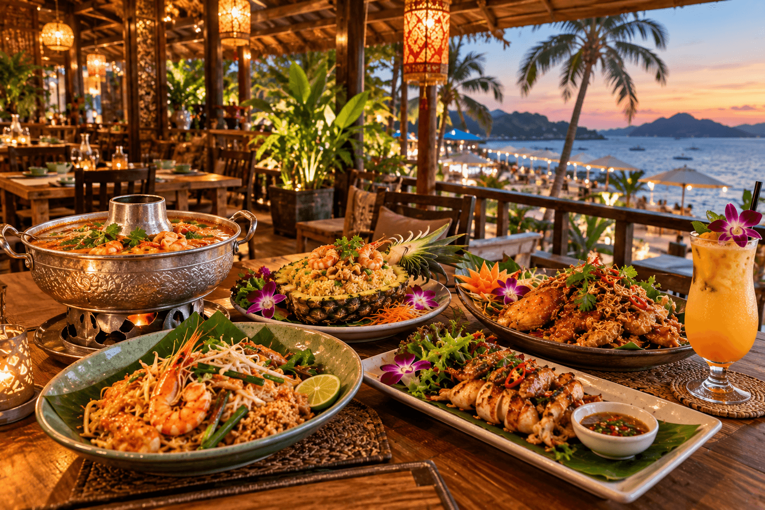 Thai dishes including tom yum, pineapple fried rice, prawns, grilled seafood and noodles at a Langkawi restaurant