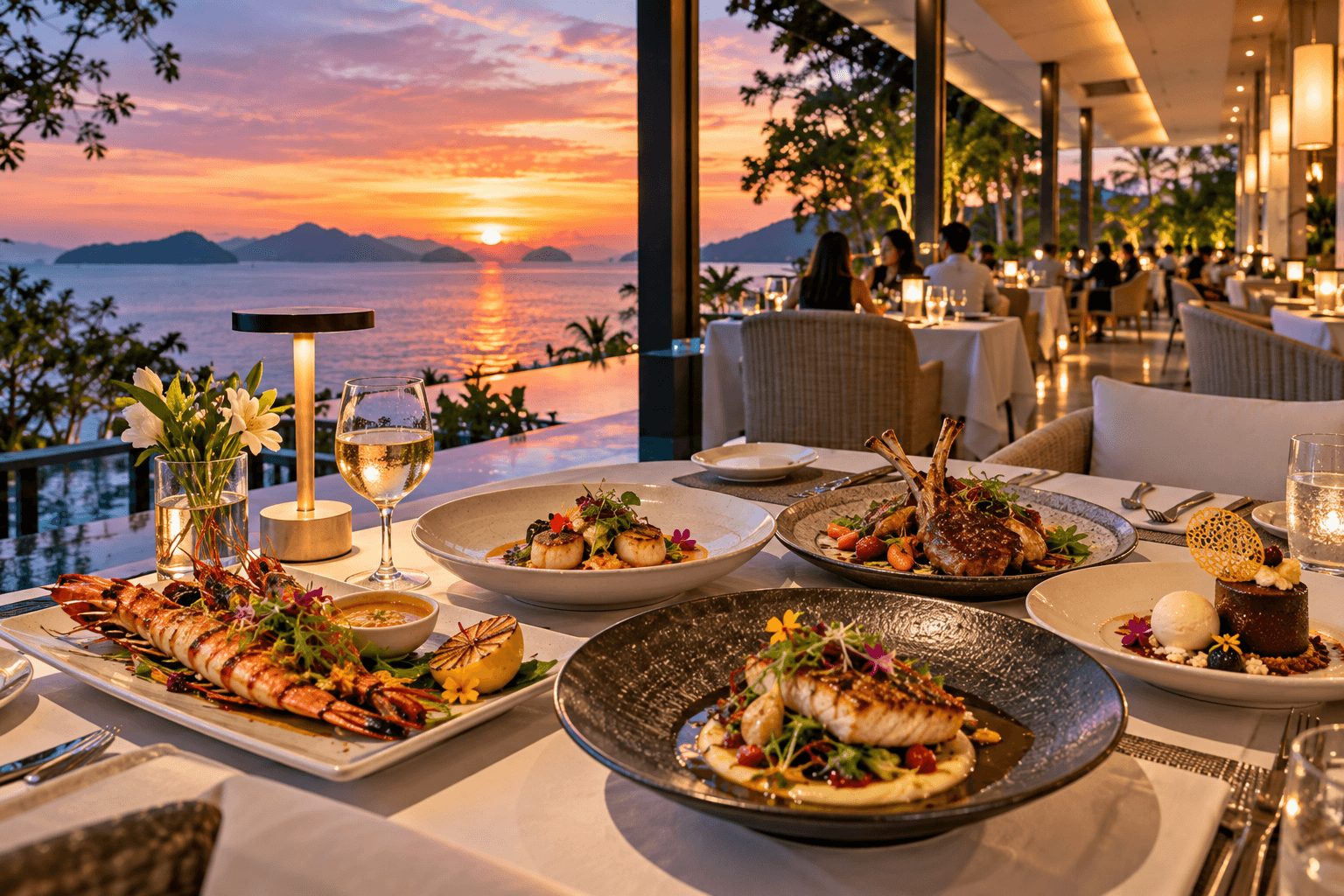 Fine dining table with seafood, scallops, lamb and plated dishes overlooking Langkawi’s sunset coastline
