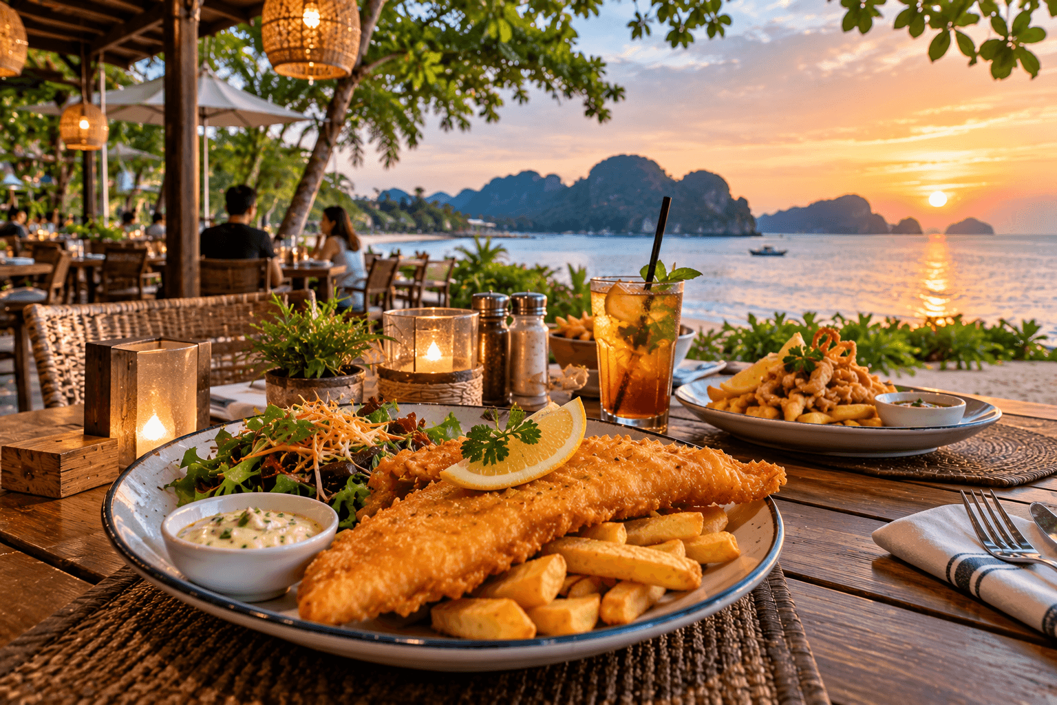 Fish and chips served at a seaside restaurant in Tanjung Rhu with sunset views and tropical islands