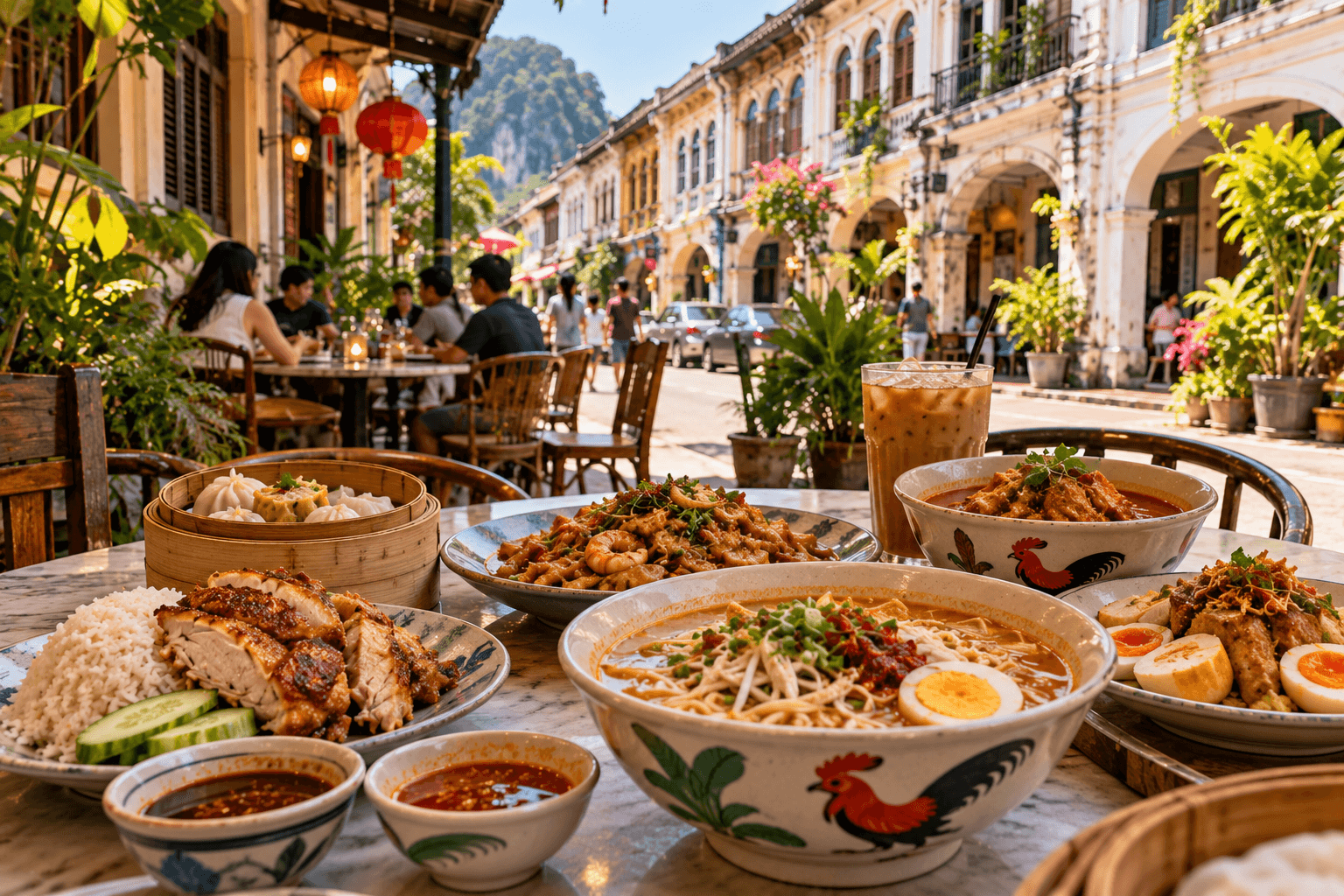 Heritage dining in Ipoh with traditional Malaysian dishes served along a historic street near limestone hills