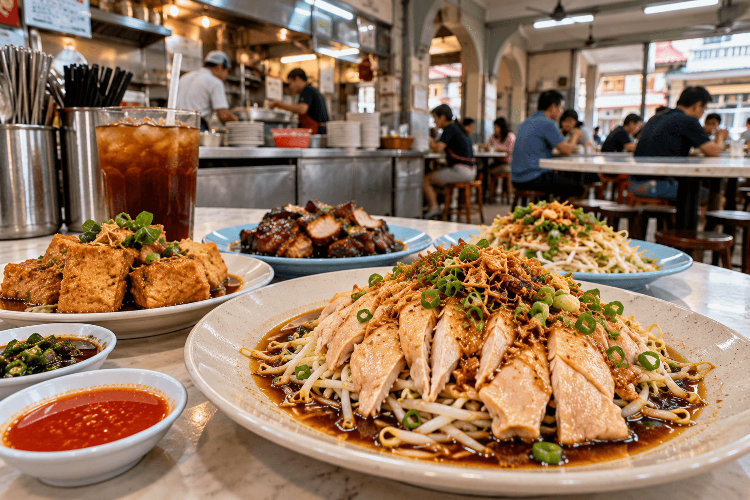 Ipoh bean sprout chicken with noodles and traditional side dishes at a local restaurant