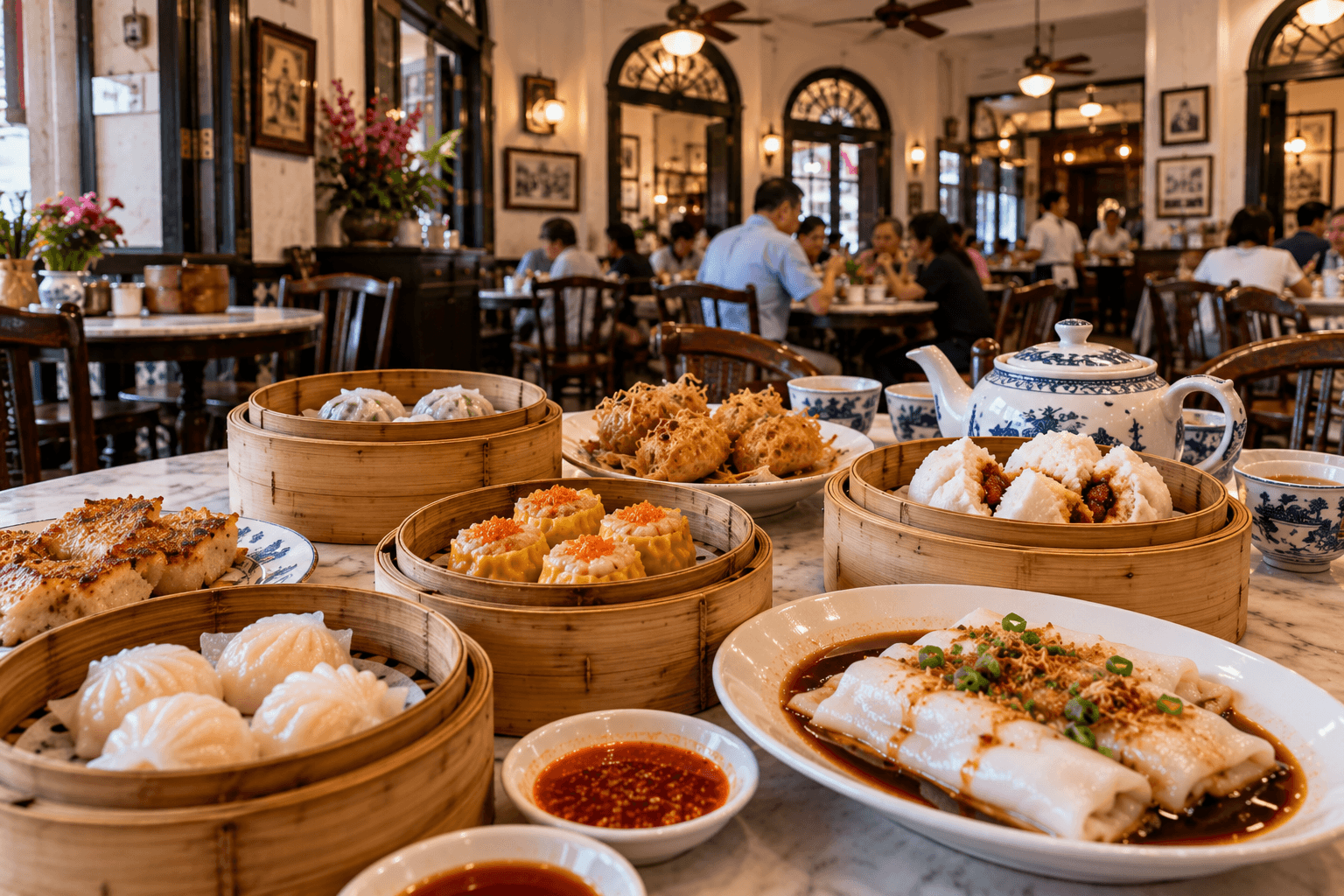 Traditional dim sum spread with steamed dumplings, cheong fun and Chinese tea at a heritage restaurant in Ipoh