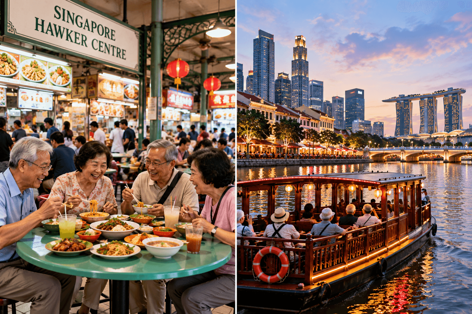 Seniors enjoying Singapore hawker food and a Singapore River cruise