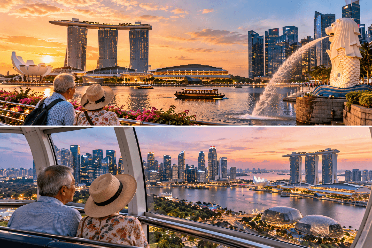 Seniors enjoying Marina Bay views and riding the Singapore Flyer