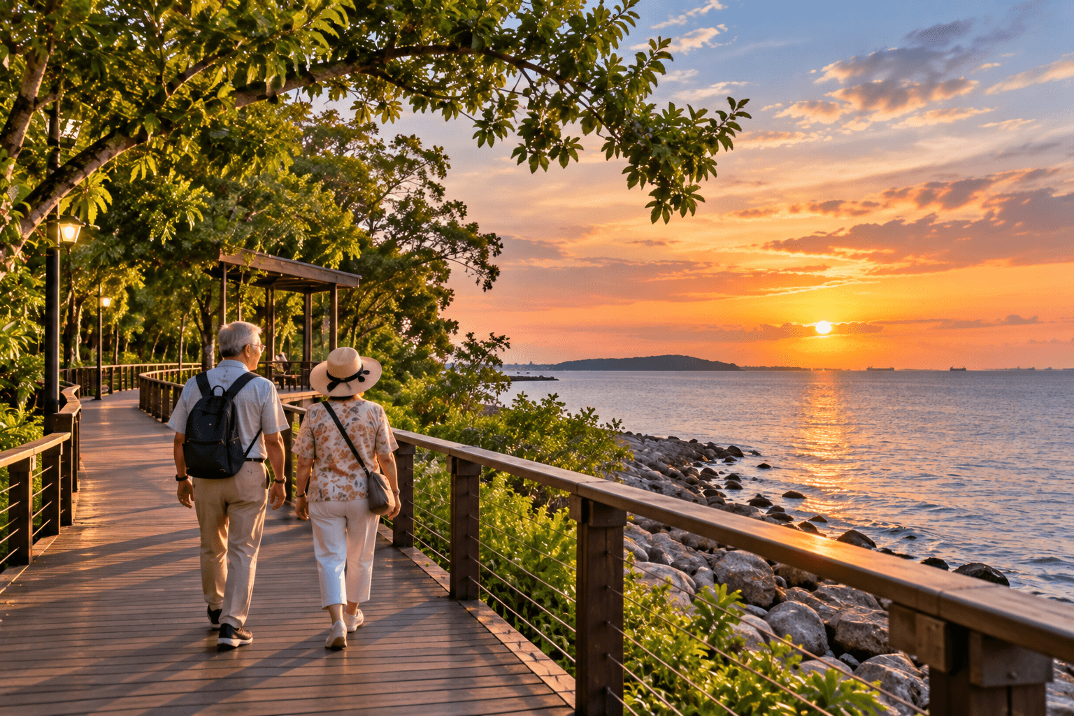 Senior couple walking along Changi Boardwalk during sunset with coastal views