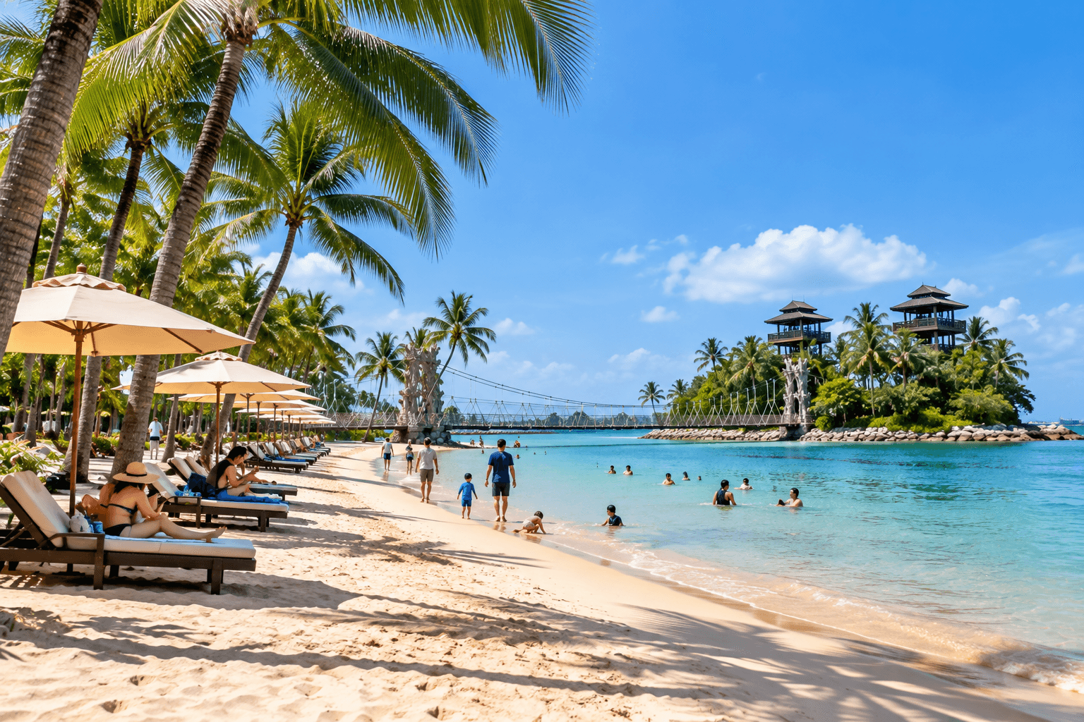Palawan Beach in Sentosa with palm trees, turquoise water, sandy shore and the suspension bridge to a nearby island