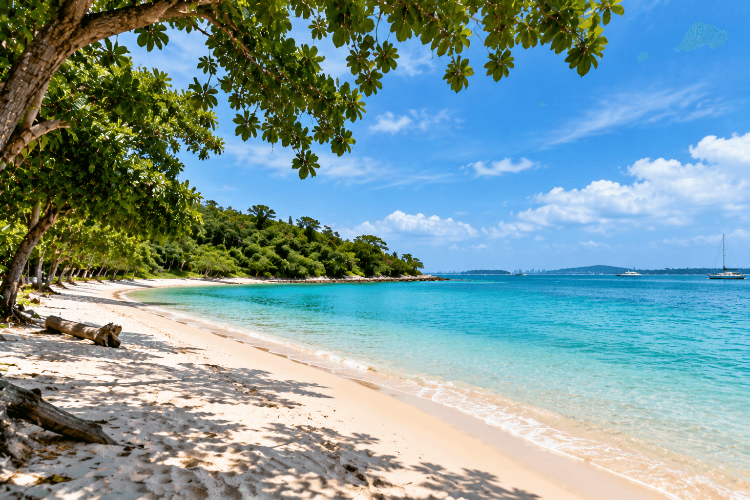 Lazarus Island Beach with white sand, clear turquoise water, lush greenery and distant boats