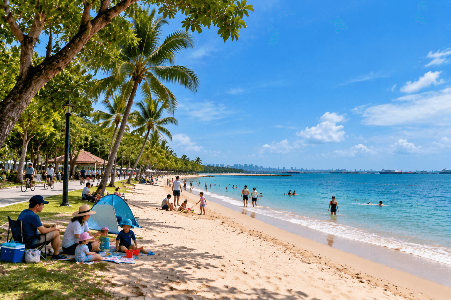 East Coast Park Beach with families enjoying the sandy shore, swimming, cycling and seaside activities