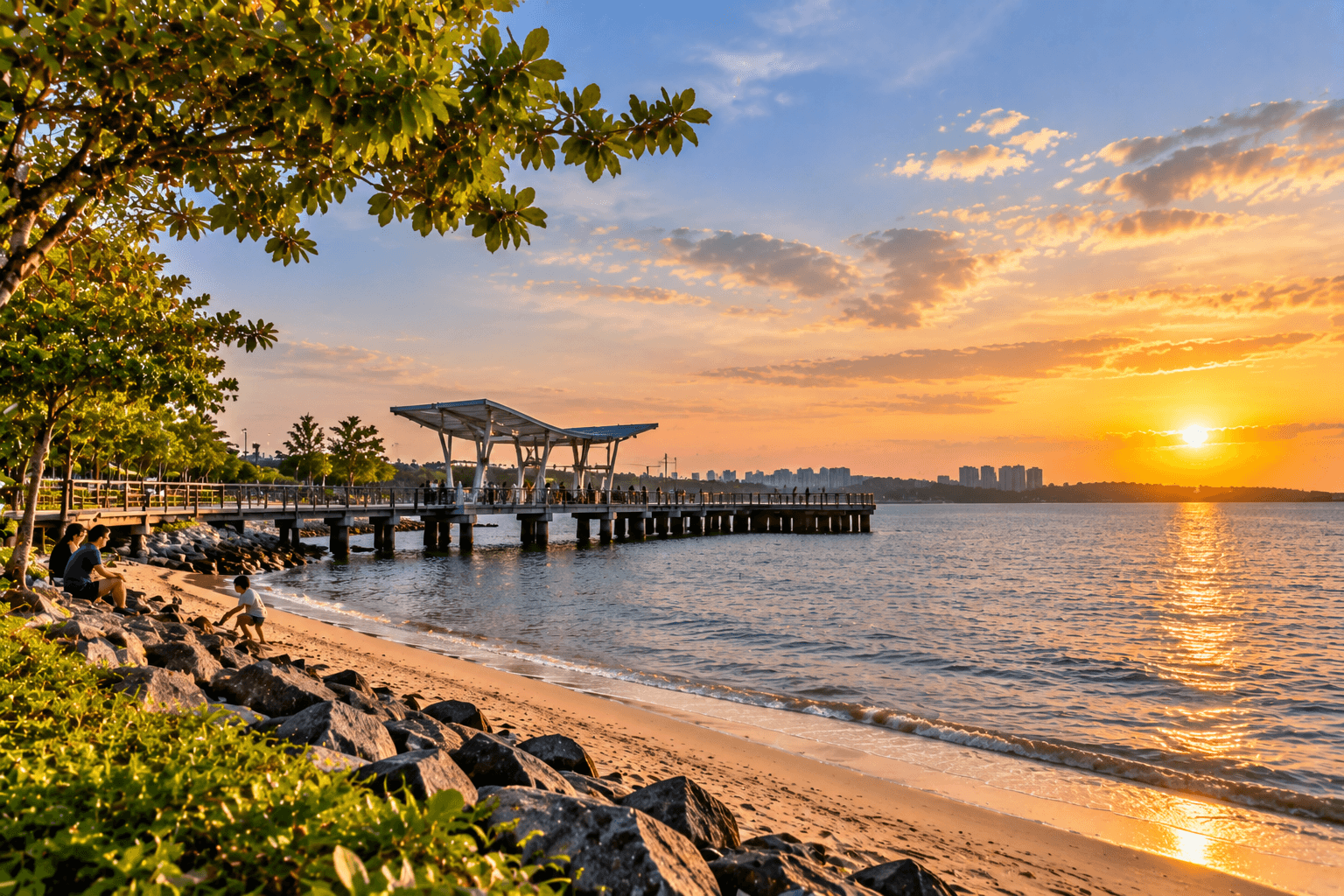 unggol Point Beach at sunset with a waterfront pier, calm sea, rocky shore and distant Singapore skyline