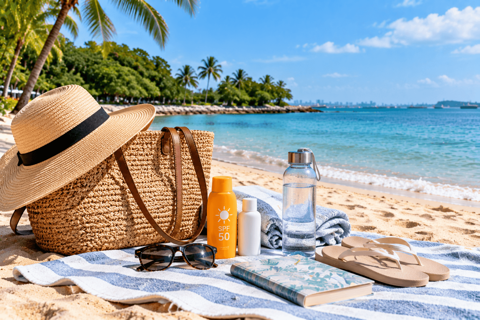 Beach essentials including a sun hat, tote bag, towel, sunglasses, sunscreen, water bottle and flip-flops by the sea