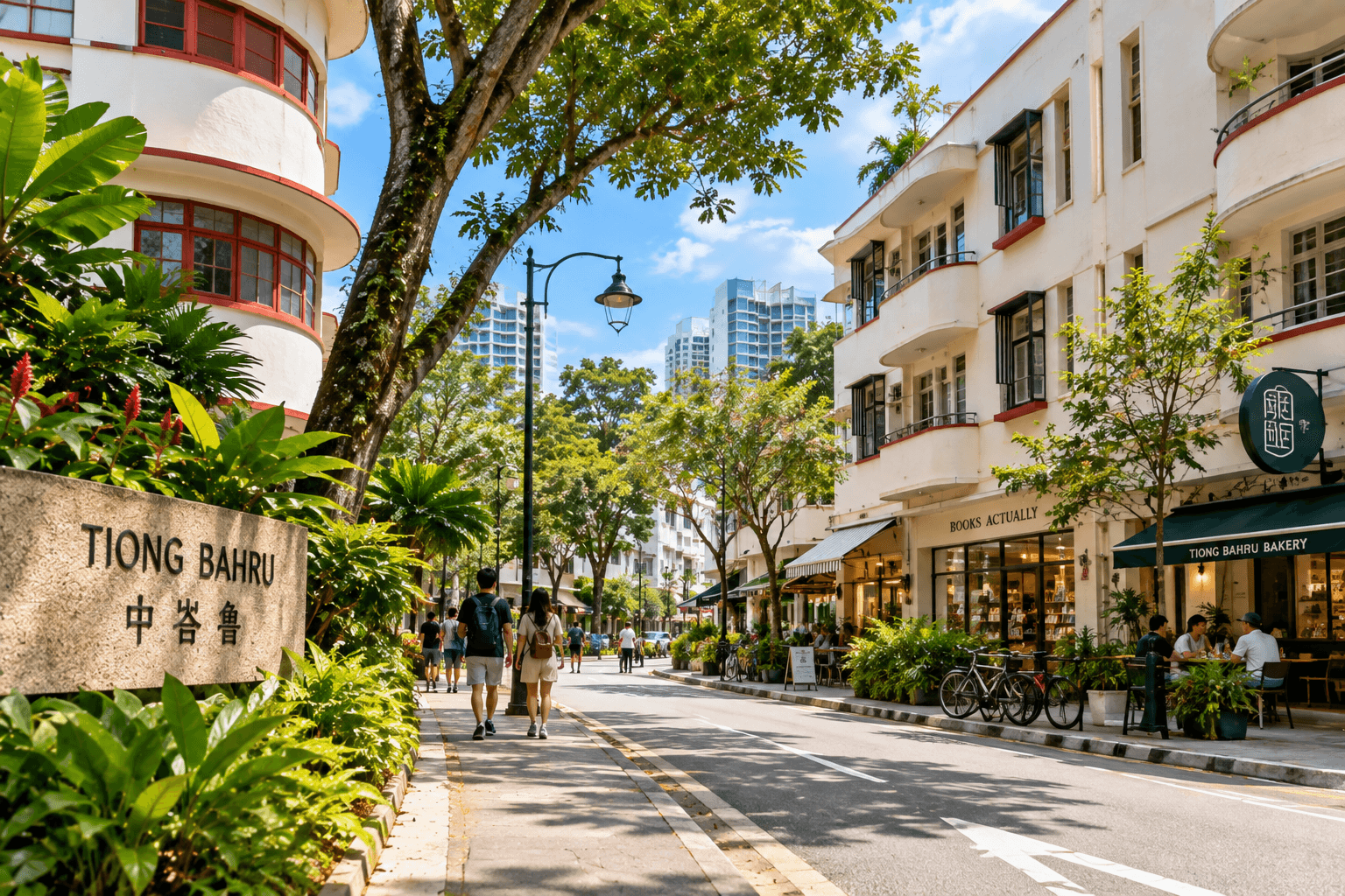 Tiong Bahru Heritage Trail with conserved Art Deco buildings, leafy streets, cafés and local shops in Singapore