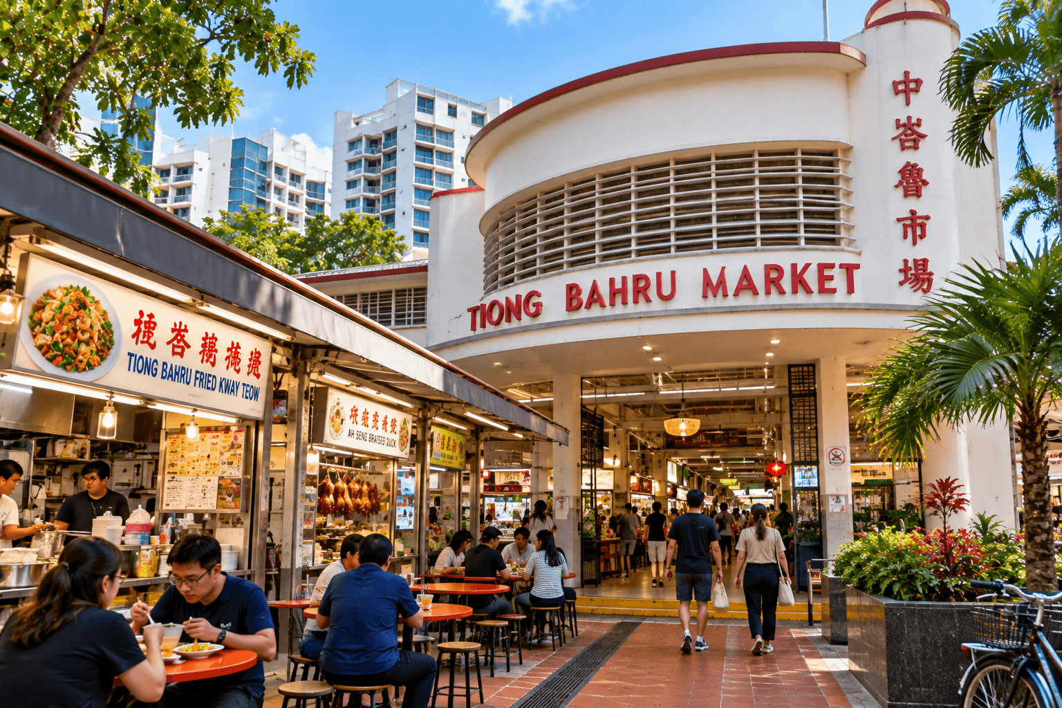 Tiong Bahru Market with its distinctive Art Deco façade, hawker stalls, diners and local food culture