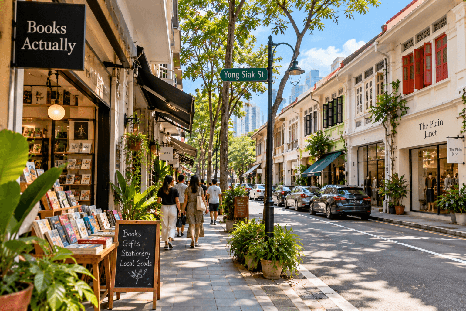 Yong Siak Street in Tiong Bahru with BooksActually, independent shops, cafés and conserved shophouses