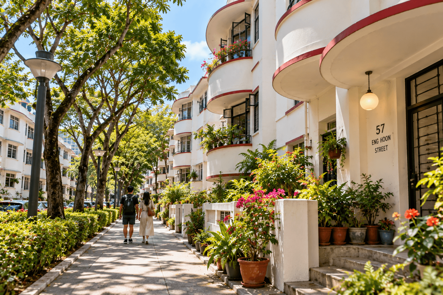 Quiet Tiong Bahru residential street lined with conserved Art Deco apartment blocks, gardens and tropical greenery