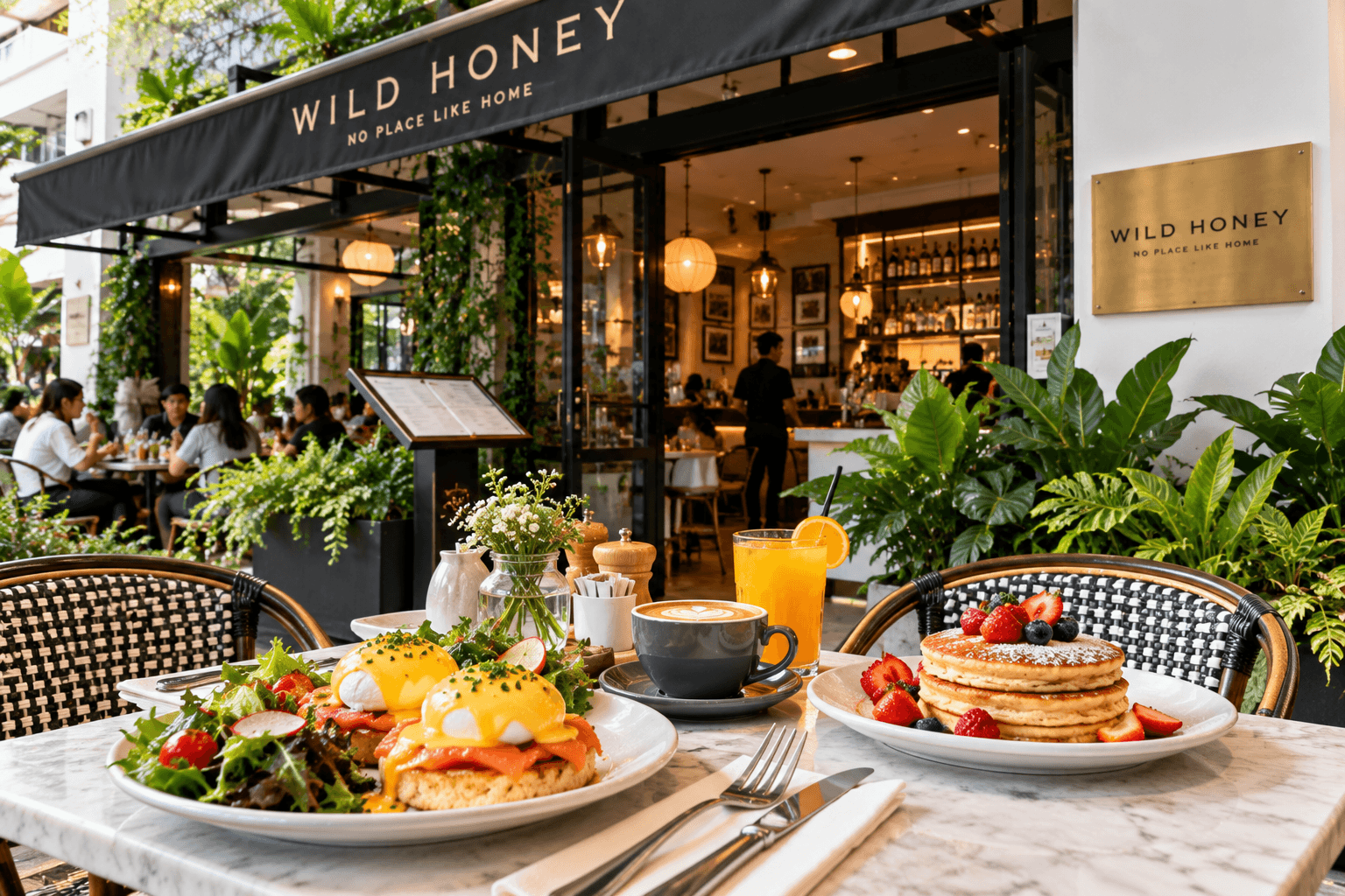 Wild Honey Singapore café with outdoor seating, eggs Benedict, pancakes, coffee and brunch dishes