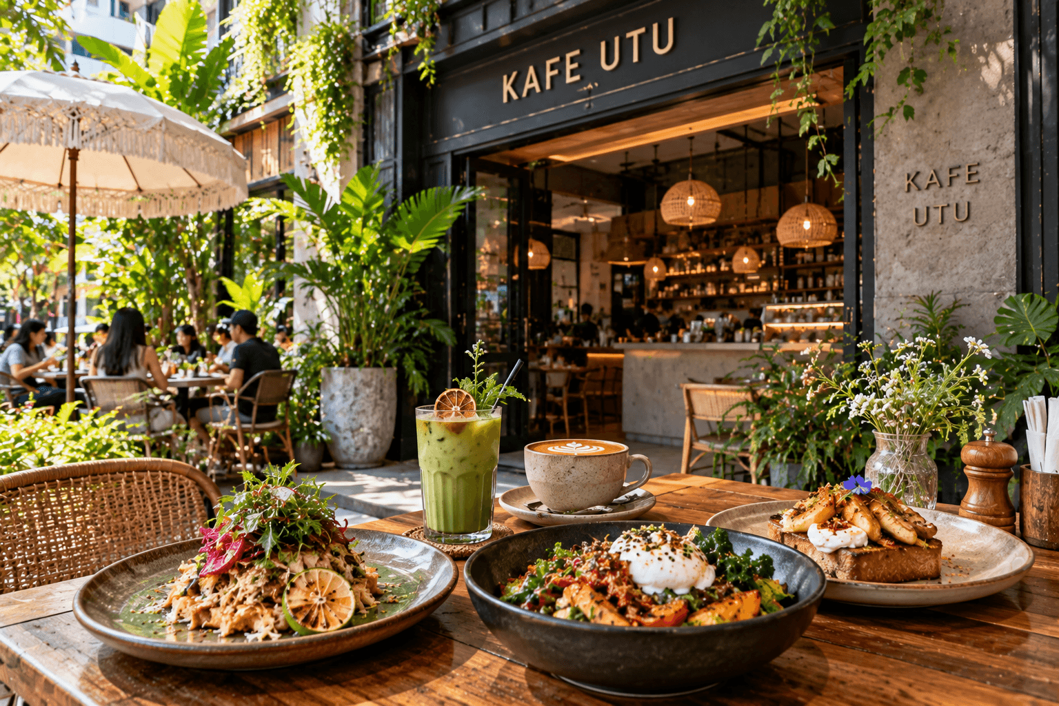 Kafe Utu Singapore with tropical greenery, outdoor seating, coffee and colourful brunch dishes