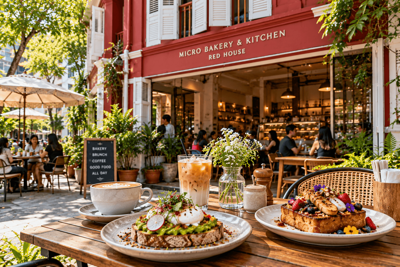 Micro Bakery & Kitchen at Red House with outdoor seating, coffee, avocado toast and French toast