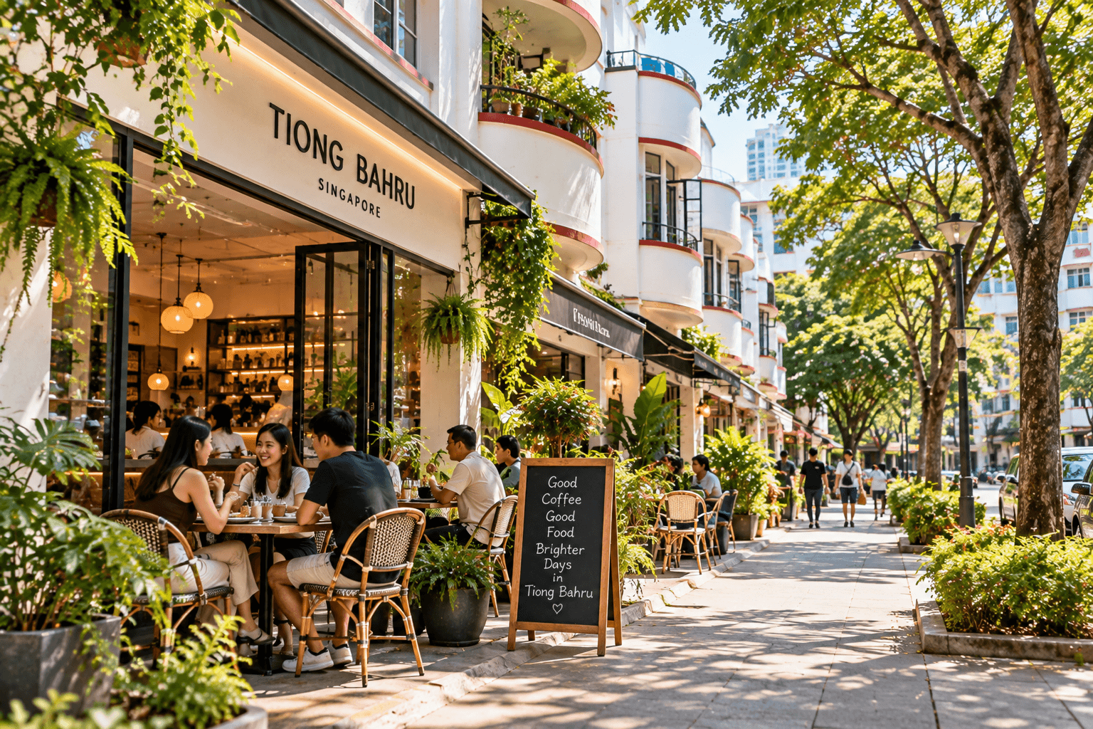 Tiong Bahru café street with outdoor brunch tables, Art Deco buildings and leafy surroundings